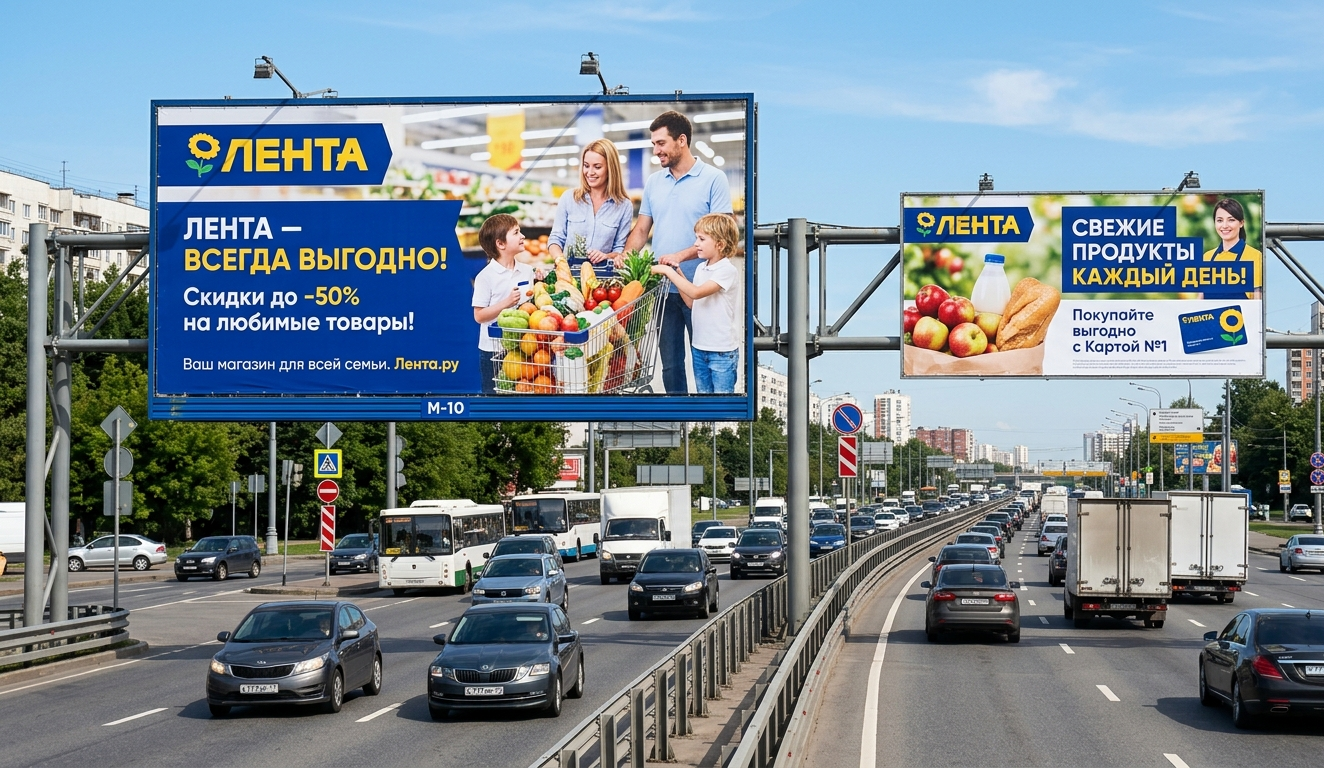 Billboards advertising Lenta store on a busy highway, showing a family with groceries and bold blue text in Russian.