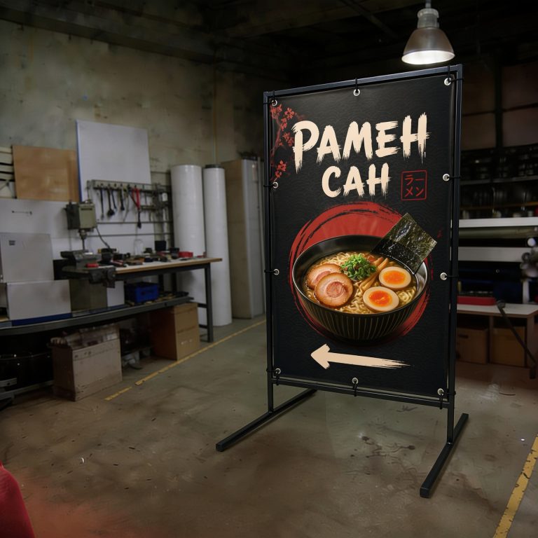 Рамный штендер с баннером на люверсах и стрелкой-указателем