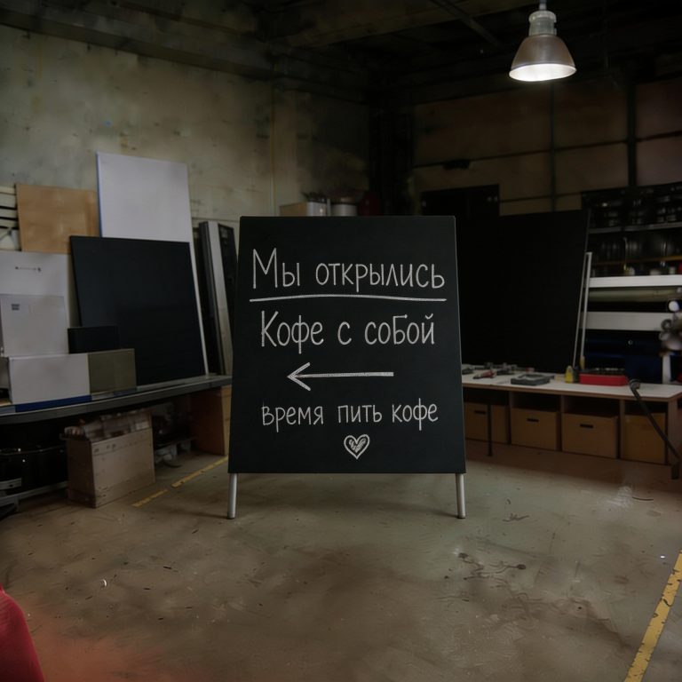 Меловой штендер-домик с надписью «Мы открылись. Кофе с собой»